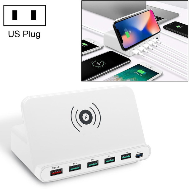 828W 7 in 1 60W QC 3.0 USB Interface + 4 USB Ports + USB-C / Type-C Interface + Wireless Charging Multi-function Charger with Mobile Phone Holder Function, US Plug(White)