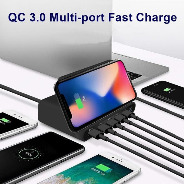 828W 7 in 1 60W QC 3.0 USB Interface + 4 USB Ports + USB-C / Type-C Interface + Wireless Charging Multi-function Charger with Mobile Phone Holder Function, US Plug(White)