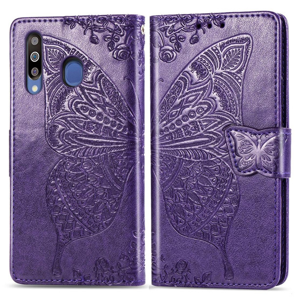 Butterfly Love Flowers Embossing Horizontal Flip Leatherette Case - Galaxy M30 with Holder & Card Slots & Wallet & Lanyard(Dark purple)