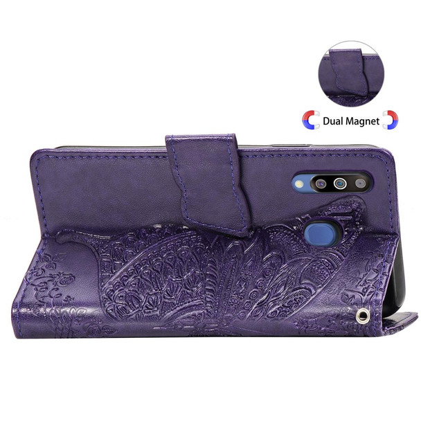 Butterfly Love Flowers Embossing Horizontal Flip Leatherette Case - Galaxy M30 with Holder & Card Slots & Wallet & Lanyard(Dark purple)