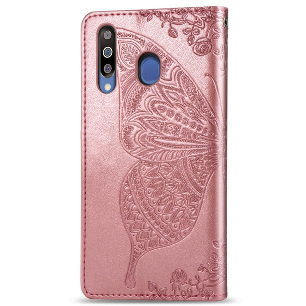 Butterfly Love Flowers Embossing Horizontal Flip Leatherette Case - Galaxy M30 with Holder & Card Slots & Wallet & Lanyard(Rose gold)