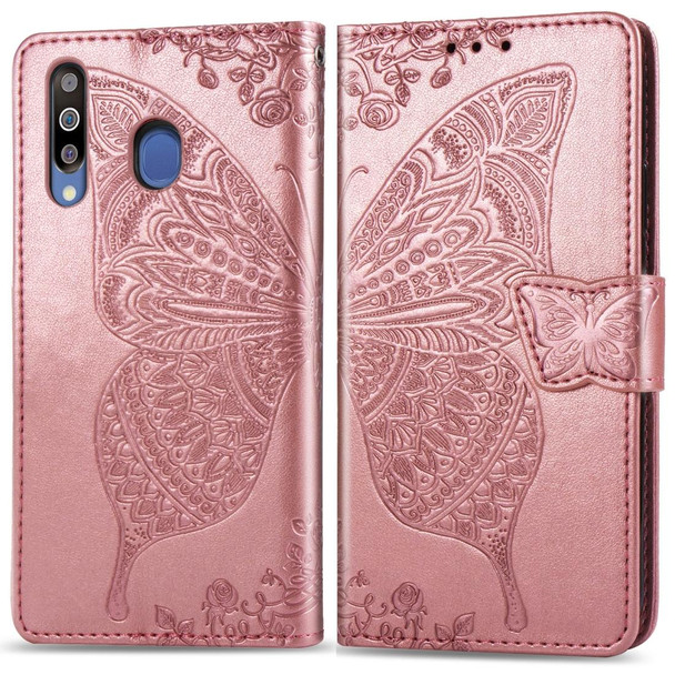 Butterfly Love Flowers Embossing Horizontal Flip Leatherette Case - Galaxy M30 with Holder & Card Slots & Wallet & Lanyard(Rose gold)