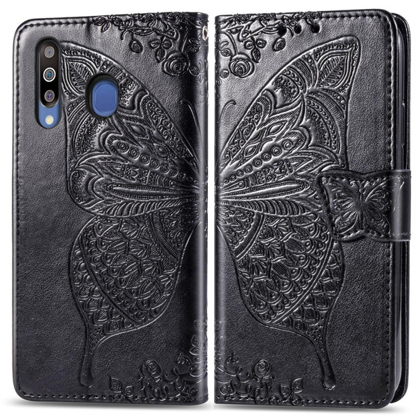 Butterfly Love Flowers Embossing Horizontal Flip Leatherette Case - Galaxy M30 with Holder & Card Slots & Wallet & Lanyard(Black)