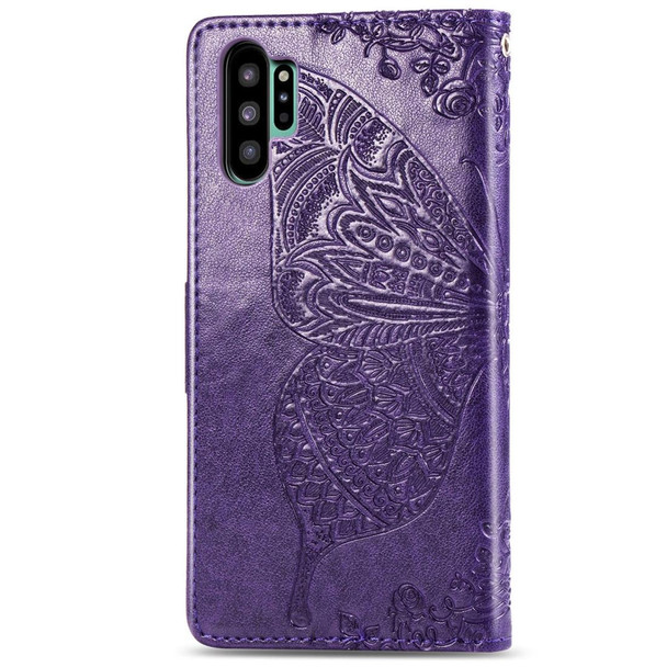 Butterfly Love Flowers Embossing Horizontal Flip Leatherette Case - Galaxy Note10+ with Holder & Card Slots & Wallet & Lanyard(Dark purple)
