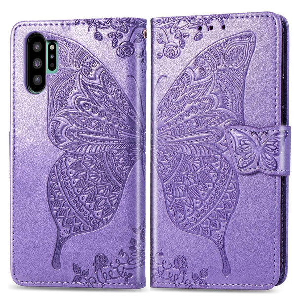 Butterfly Love Flowers Embossing Horizontal Flip Leatherette Case - Galaxy Note10+ with Holder & Card Slots & Wallet & Lanyard(Lighe purple)