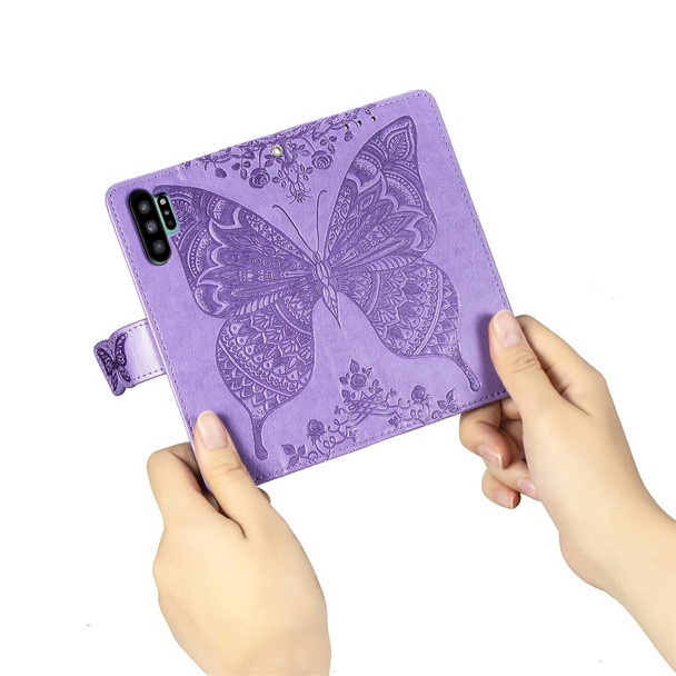 Butterfly Love Flowers Embossing Horizontal Flip Leatherette Case - Galaxy Note10+ with Holder & Card Slots & Wallet & Lanyard(Lighe purple)