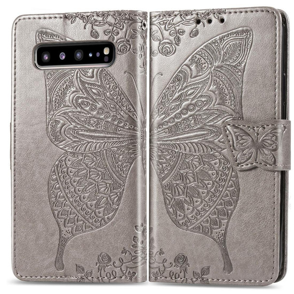 Butterfly Love Flowers Embossing Horizontal Flip Leatherette Case - Galaxy S10 5G with Holder & Card Slots & Wallet & Lanyard(Gray)