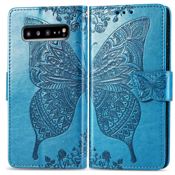 Butterfly Love Flowers Embossing Horizontal Flip Leatherette Case - Galaxy S10 5G with Holder & Card Slots & Wallet & Lanyard(Blue)
