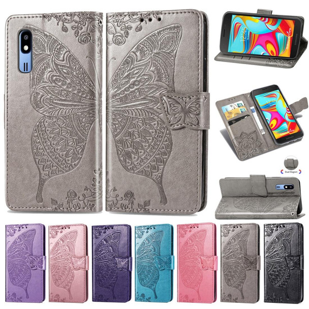 Butterfly Love Flowers Embossing Horizontal Flip Leatherette Case - Samsung  A2 Core with Holder & Card Slots & Wallet & Lanyard(Blue)
