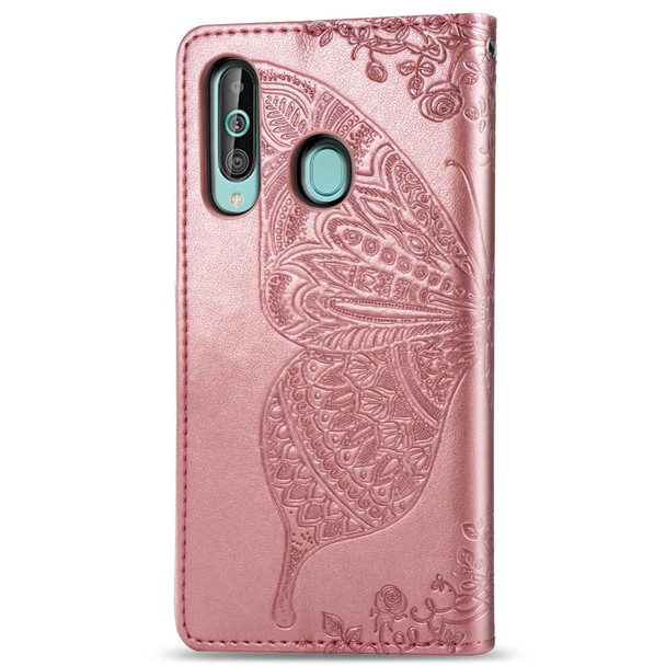 Butterfly Love Flowers Embossing Horizontal Flip Leatherette Case for Galaxy A60, with Holder & Card Slots & Wallet & Lanyard(Rose gold)