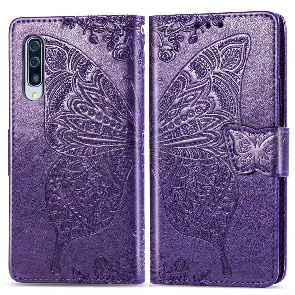 Butterfly Love Flowers Embossing Horizontal Flip Leatherette Case for Galaxy A70, with Holder & Card Slots & Wallet & Lanyard (Dark Purple)