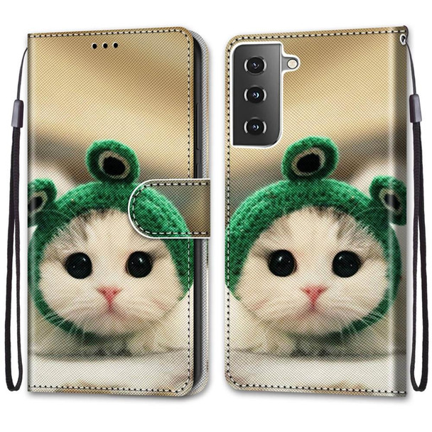 Samsung Galaxy S21 5G Coloured Drawing Cross Texture Horizontal Flip PU Leather Case with Holder & Card Slots & Wallet & Lanyard(Frog Kitten)