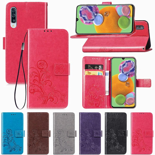 Galaxy A90 5G Four-leaf Clasp Embossed Buckle Mobile Phone Protection Leather Case with Lanyard & Card Slot & Wallet & Bracket Function(Magenta)