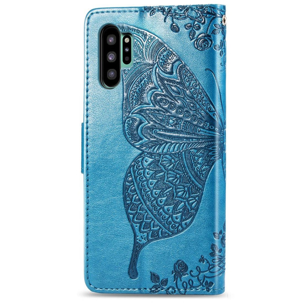 Butterfly Love Flowers Embossing Horizontal Flip Leatherette Case - Galaxy Note10+ with Holder & Card Slots & Wallet & Lanyard(Blue)