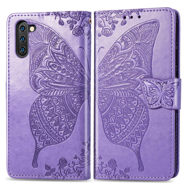 Butterfly Love Flowers Embossing Horizontal Flip Leatherette Case - Galaxy Note 10 with Holder & Card Slots & Wallet & Lanyard(Lighe purple)