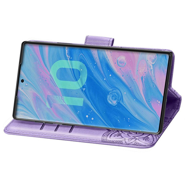 Butterfly Love Flowers Embossing Horizontal Flip Leatherette Case - Galaxy Note 10 with Holder & Card Slots & Wallet & Lanyard(Lighe purple)