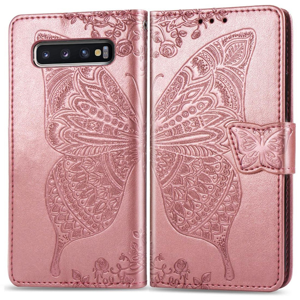 Butterfly Love Flowers Embossing Horizontal Flip Leatherette Case for Galaxy S10+, with Holder & Card Slots & Wallet & Lanyard (Rose Gold)