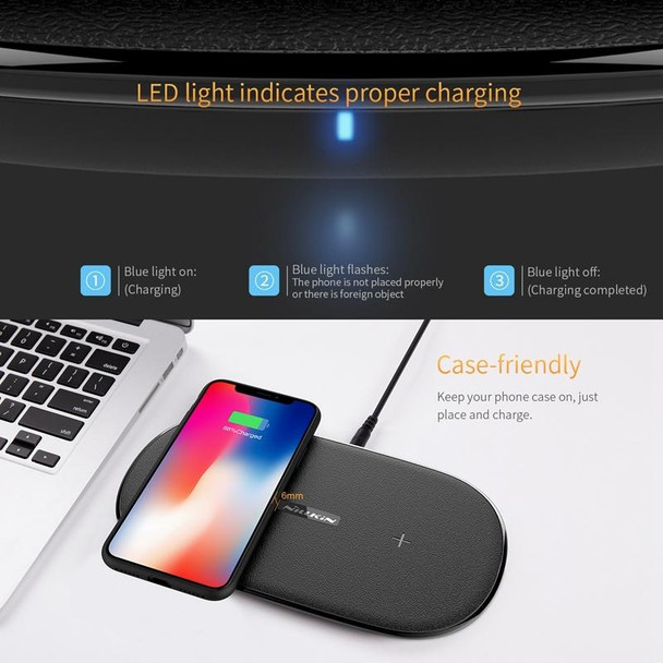 NILLKIN MC031 Gemini Dual Wireless Faster Charger QI Standard Smart Recognition 5/7.5/10W, - iPhone / Samsung / Nokia other QI Standard Smart Phones(Black)