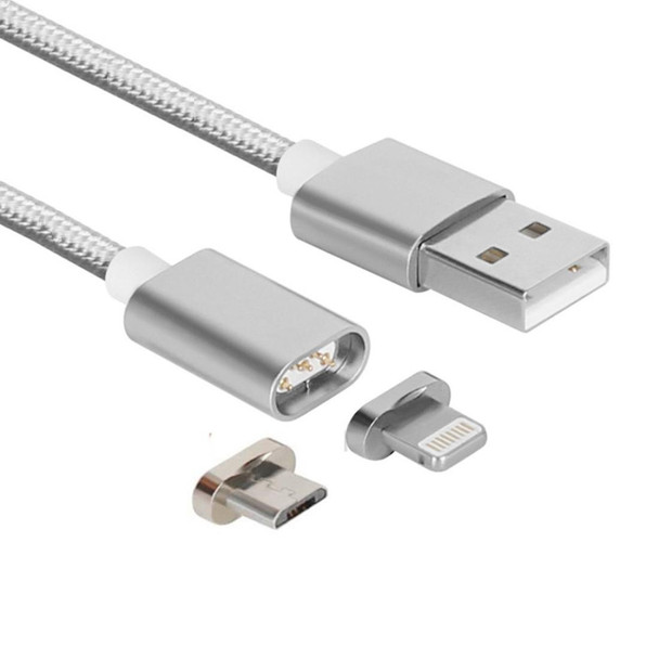 2 in 1 5V 2A Micro USB & 8 Pin to USB 2.0 Weave Style Magnetic Data Cable, Cable Length: 1.2m(Silver)