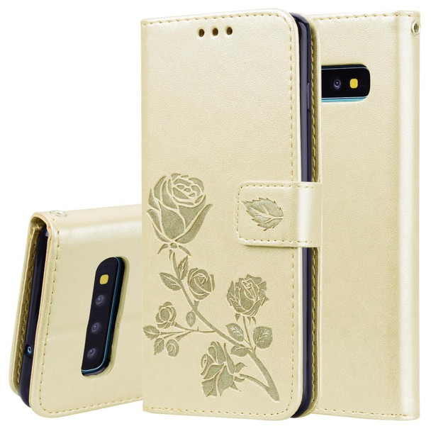 Rose Embossed Horizontal Flip PU Leather Case for Galaxy S10 Plus, with Holder & Card Slots & Wallet (Gold)