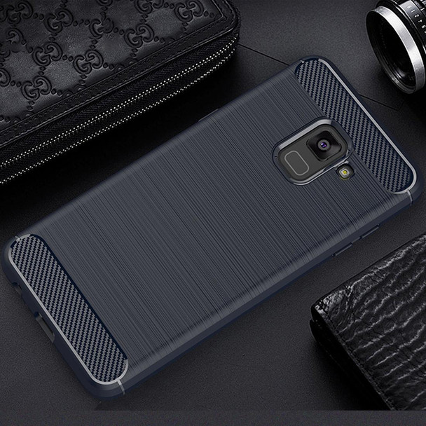 Galaxy A8 (2018) Brushed Texture Carbon Fiber Shockproof TPU Protective Back Case (Navy Blue)