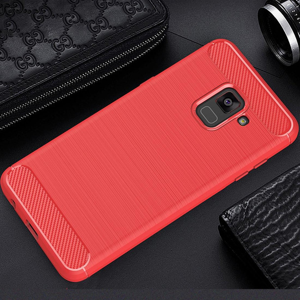 Galaxy A8 (2018) Brushed Texture Carbon Fiber Shockproof TPU Protective Back Case (Red)
