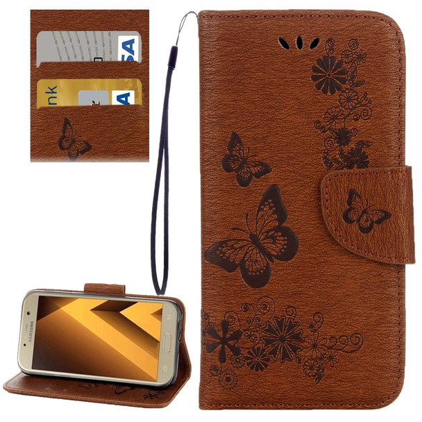 Galaxy A7 (2017) / A720 Butterflies Embossing Horizontal Flip Leather Case with Holder & Card Slots & Wallet & Lanyard (Brown)