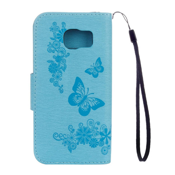 Galaxy S7 Active Pressed Flowers Butterfly Pattern Horizontal Flip Leather Case with Holder & Card Slots & Wallet & Lanyard(Blue)