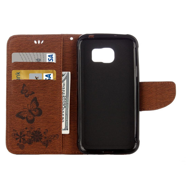 Galaxy S7 Active Pressed Flowers Butterfly Pattern Horizontal Flip Leather Case with Holder & Card Slots & Wallet & Lanyard(Brown)