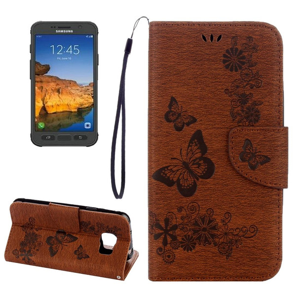 Galaxy S7 Active Pressed Flowers Butterfly Pattern Horizontal Flip Leather Case with Holder & Card Slots & Wallet & Lanyard(Brown)
