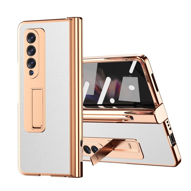 Samsung Galaxy Z Fold3 5G Litchi Texture Leather Hinged Electroplated Phone Case with S Pen Fold Edition & Protective Film(White)