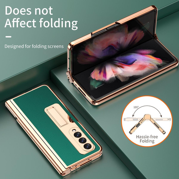 Samsung Galaxy Z Fold3 5G Litchi Texture Leather Hinged Electroplated Phone Case with S Pen Fold Edition & Protective Film(Green)