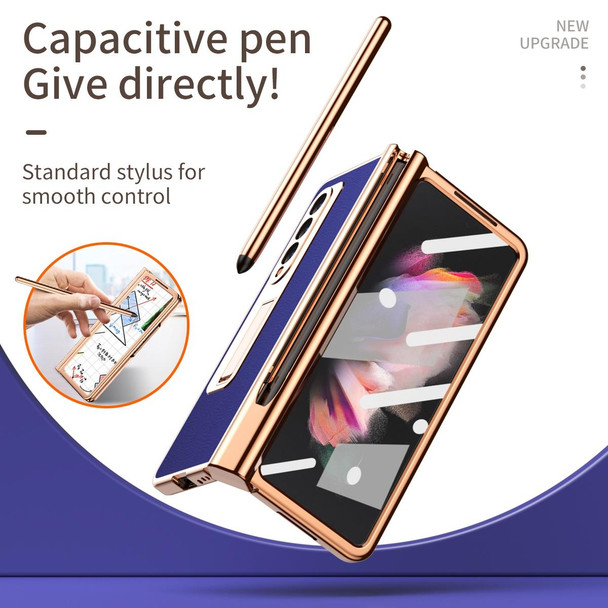Samsung Galaxy Z Fold3 5G Litchi Texture Leather Hinged Electroplated Phone Case with S Pen Fold Edition & Protective Film(Blue)