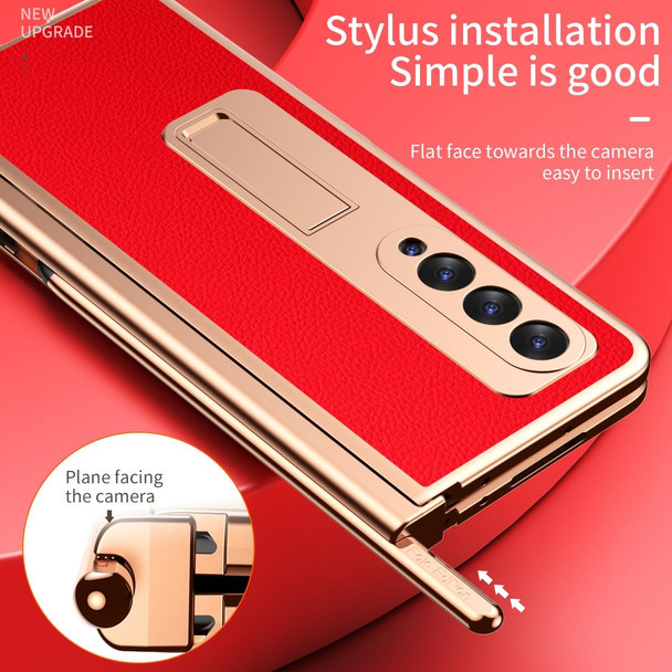 Samsung Galaxy Z Fold3 5G Litchi Texture Leather Hinged Electroplated Phone Case with S Pen Fold Edition & Protective Film(Red)