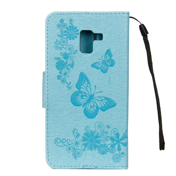 Galaxy A8 (2018) Vintage Embossed Floral Butterfly Pattern Horizontal Flip Leather Case with Card Slot & Holder & Wallet & Lanyard(Blue)