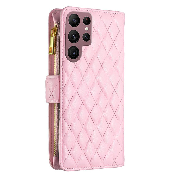 Samsung Galaxy S22 Ultra 5G Diamond Lattice Zipper Wallet Leather Flip Phone Case(Pink)