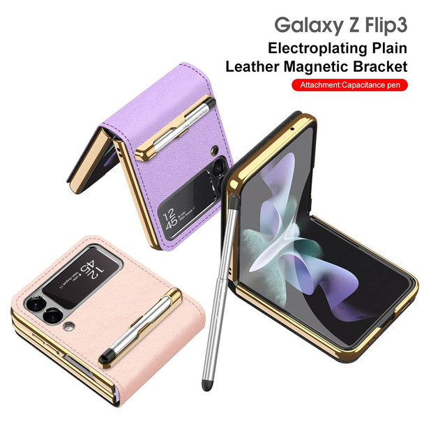 Samsung Galaxy Z Flip3 5G GKK Phone Folding Beauty Bag Leather Case With Capacity Pen(Pink)