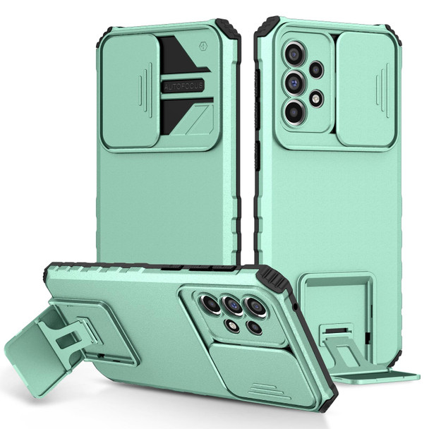 Samsung Galaxy A33 5G Stereoscopic Holder Sliding Camshield Phone Case(Light Blue)