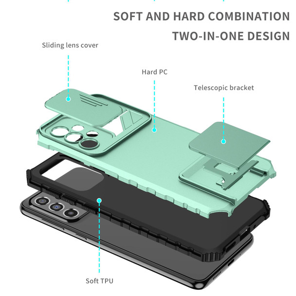 Samsung Galaxy A33 5G Stereoscopic Holder Sliding Camshield Phone Case(Light Blue)