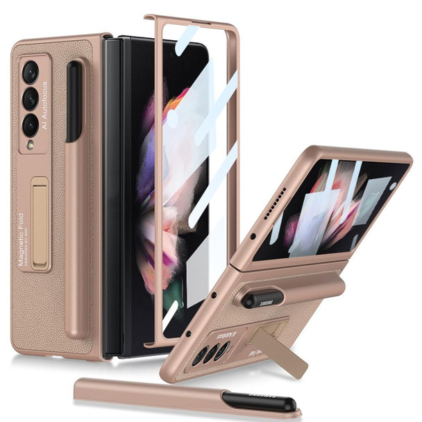 Samsung Galaxy Z Fold3 5G GKK Ultra-thin Shockproof Leather Protective Case with Holder & Pen Slots(Gold)