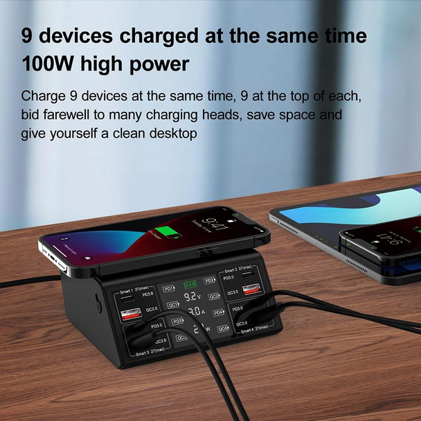 838w 9 in 1 100W 4 PD 3.0 USB-C / Type-C + 4 QC 3.0 USB Ports Smart Digital Display Wireless Charger, US Plug(Black)