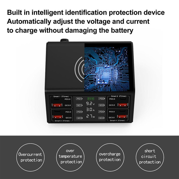 838w 9 in 1 100W 4 PD 3.0 USB-C / Type-C + 4 QC 3.0 USB Ports Smart Digital Display Wireless Charger, US Plug(Black)