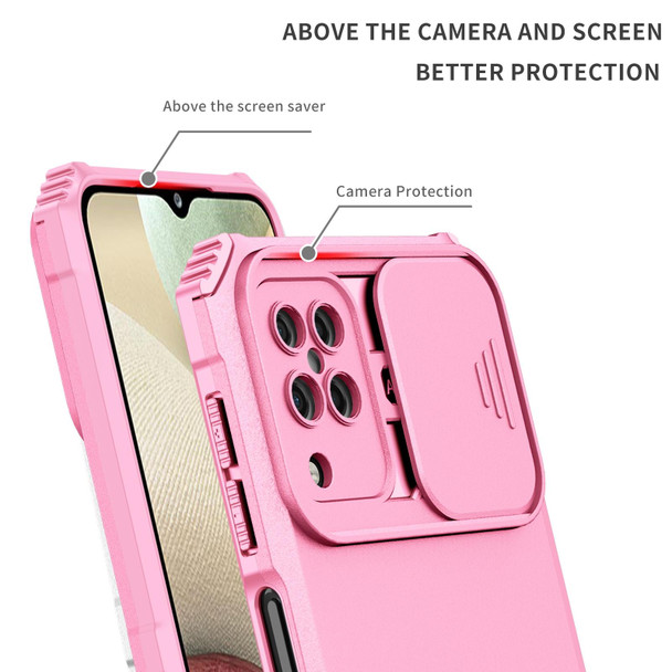 Samsung Galaxy A12 5G Stereoscopic Holder Sliding Camshield Phone Case(Pink)