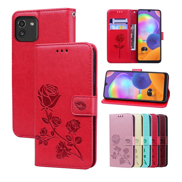 Samsung Galaxy A03 164mm Rose Embossed Leather Phone Case(Red)