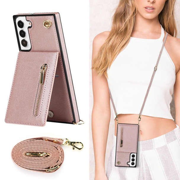Samsung Galaxy S21 FE 5G Cross-body Square Zipper Card Holder Bag Phone Case(Rose Gold)