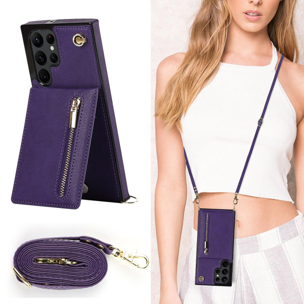 Samsung Galaxy S22 Ultra 5G Cross-body Square Zipper Card Holder Bag Phone Case(Purple)