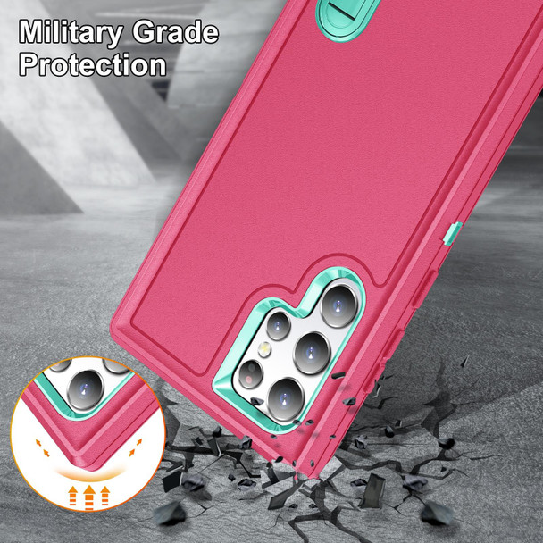 Samsung Galaxy S22 Ultra 5G 3 in 1 Rugged Holder Phone Case(Pink+Blue)