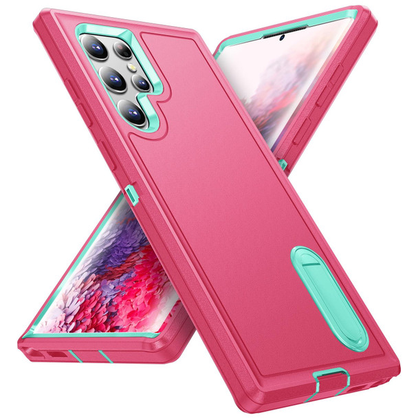 Samsung Galaxy S22 Ultra 5G 3 in 1 Rugged Holder Phone Case(Pink+Blue)
