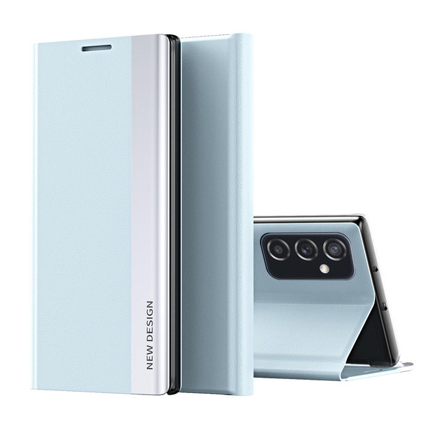 Samsung Galaxy A73 5G Side Electroplated Magnetic Flip Leather Case with Holder(Light Blue)