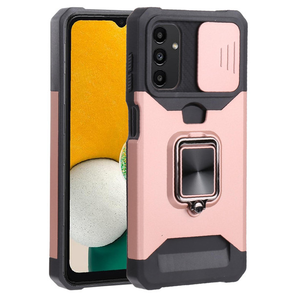 Samsung Galaxy A13 5G Sliding Camera Cover Design PC + TPU Shockproof Phone Case with Ring Holder & Card Slot(Rose Gold)